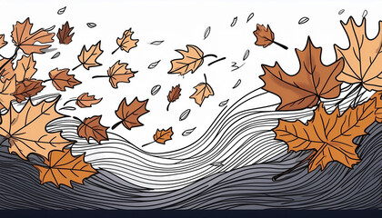 a doodle-style illustration of falling leaves in windy weather, featuring a cold breeze and a maple 