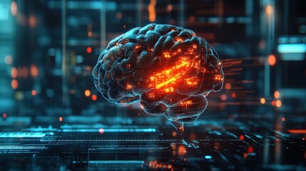 Poster - A digital brain glows with orange patterns while processing visual data in a futuristic, high-tech setting filled with vibrant circuitry
