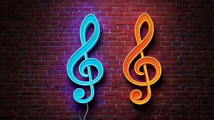 Two neon treble clefs on a brick wall.