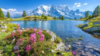 Poster - Serene Mountain Lake with Pink Flowers