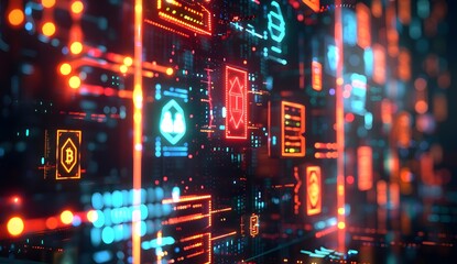 Poster - A digital illustration of an abstract data center with glowing symbols representing various types of blockchain logos, surrounded by holographic code and futuristic tech elements. The background is da