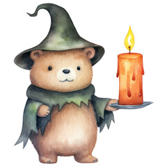 Canvas Print - PNG Bear holding halloween candle cartoon animal white background.