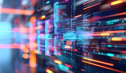 Poster - A digital illustration of an abstract data center with glowing symbols representing various types of blockchain logos, surrounded by holographic code and futuristic tech elements. The background is da