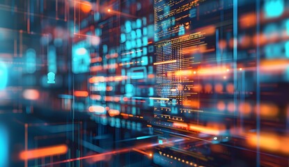 Poster - A digital illustration of an abstract data center with glowing symbols representing various types of blockchain logos, surrounded by holographic code and futuristic tech elements. The background is da