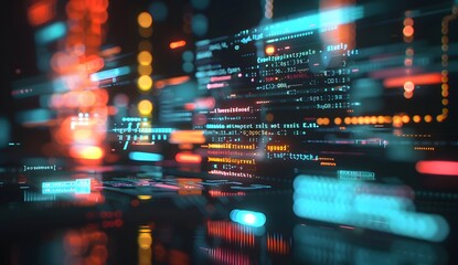 Poster - A digital illustration of an abstract data center with glowing symbols representing various types of blockchain logos, surrounded by holographic code and futuristic tech elements. The background is da
