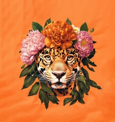 Jaguar or cheetah with a wreath of different flowers on the head on a bright orange background. A wild cat in a blooming jungle.