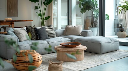 Poster - Modern interior of open space with design modular sofa furniture wooden coffee tables plaid pillows tropical plants and elegant personal accessories in stylish home decor Neutral livin : Generative AI