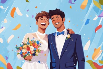 illustration of a newlyweds gay couple celebrating their wedding day