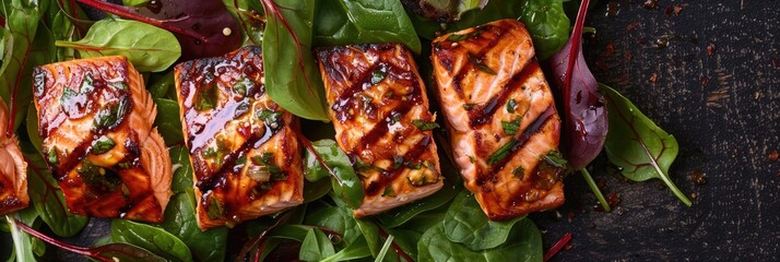 Wall Mural - Grilled Salmon Served on a Layer of Fresh Spinach and Red Leaf Lettuce