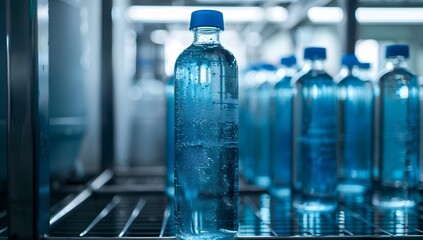 A close-up shot shows water bottles filled with pure, clean and refreshing blue microearthwater in a laboratory. The glass vials stand on metal shelves against an industrial background.