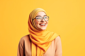 Studio shot portrait of a beautiful satisfied cheerful laughing young muslim woman wearing hijab and glasses on a yellow background