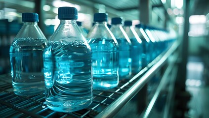 A close-up shot shows water bottles filled with pure, clean and refreshing blue microearthwater in a laboratory. The glass vials stand on metal shelves against an industrial background.