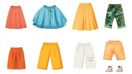 Wall Mural - A collection of colorful pleated skirts, casual shorts, and sneakers isolated on white background.