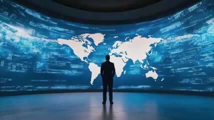 Wall Mural - A man standing in front of a large screen with world map, AI