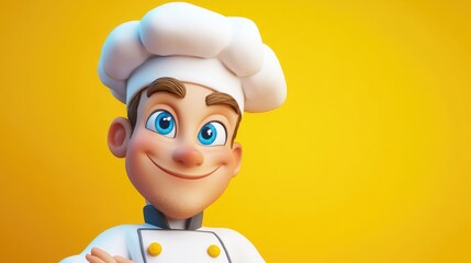 Charming 3D chef with bright blue eyes sporting a cheerful uniform and hat winking playfully at the camera against a vibrant yellow backdrop