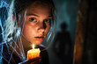 © PixelGallery - Frightened Girl Holding Candle in Haunted Halloween Night. A terrified young girl holds a candle close to her face, with fear in her eyes as a shadowy figure looms behind her.