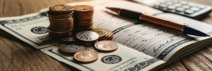 Aufkleber - A stack of cash and coins sits beside an open notebook filled with notes and financial calculations, along with a pen and calculator. Generative AI