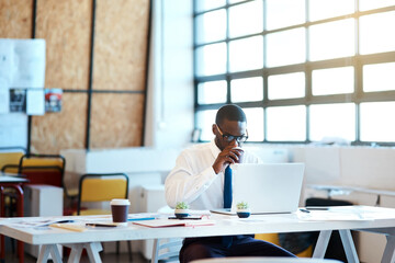 Poster - African man, drinking coffee and laptop as employee or accountant in finance company. Male person, tech and working with email, project and portfolio for tax review, business development and research