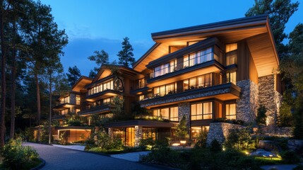 Luxury four-story home rendering with balconies and landscaped yard