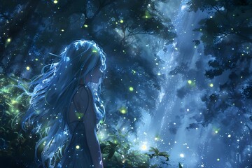 A pretty woman with blue hair stands by a waterfall at night with fireflies in the background.