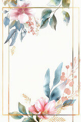 Wall Mural - Elegant floral frame with pastel flowers and leaves in soft watercolor style, perfect for invitations or stationery design.