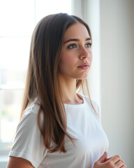 Canvas Print - Portrait of a Young Woman in a White Shirt Looking Away