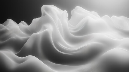 Poster - A white fabric with a wave pattern is displayed in a black background. The image has a dreamy, ethereal quality to it, as if it were a painting or a photograph. The white fabric appears to be flowing