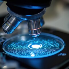 Poster - A close-up view of a microscopy setup focusing on a sample, showcasing vibrant details and textures under illuminated lenses