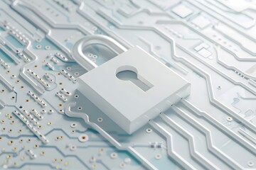 Poster - 3d rendering of a white padlock icon on a circuit board background with copy space for concepts rela