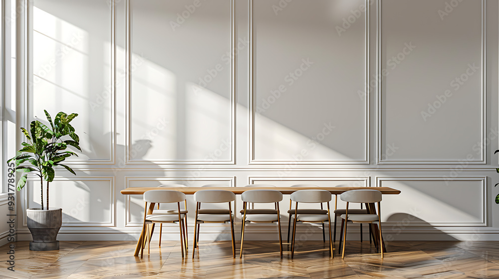 A modern dining room with a long wooden table and white chairs, perfect ...