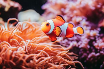 Featuring a clownfish and anemone in a coral reef, this underwater scene is vibrant and colorful.