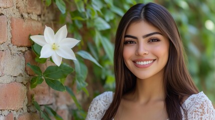 Wall Mural - An attractive young Hispanic woman smiles at the camera in this stunning image