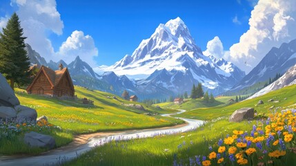 Canvas Print - A painting of a mountain with flowers and grass in the foreground, AI