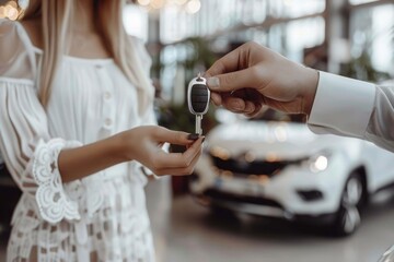 Giving the keys of new automobile. Man with woman in white clothes are in the car dealership together.