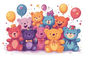 colorful teddy bears, each with unique expressions and accessories, gathered together in a playful arrangement with festive balloons and ribbons celebrating Teddy Bear Day Flat illustration