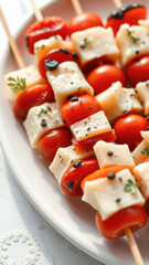 Canvas Print - Closeup of Tomato and Mozzarella Skewers on White Plate