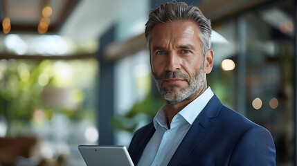 Portrait of confident mature business man executive standing in corporate office using digital tablet Middle aged professional businessman manager wearing suit posing at work in modern : Generative AI