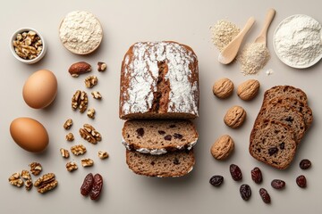 loaf of date nut bread with slices fanned out, surrounded by illustrated ingredients like dates, walnuts, flour, and eggs, set against a minimalist background