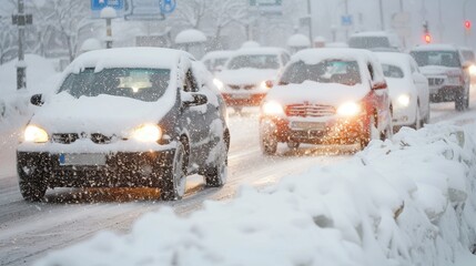 cars stuck in traffic during heavy snowfall in city