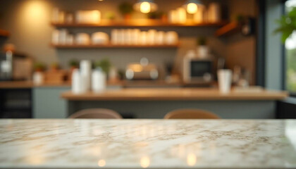 Wall Mural - Blurred abstract café house restaurant kitchen interior background with marble table top