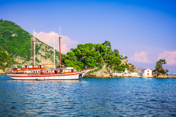 Parga, Greece. Beautiful turquoise waters on coastal town of Epirus, Greek holidays.