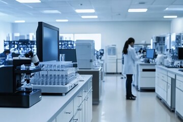 sleek medical laboratory, showcasing advanced equipment such as centrifuges, microscopes, and computers on clean, white countertops, with scientists in lab coats working diligently