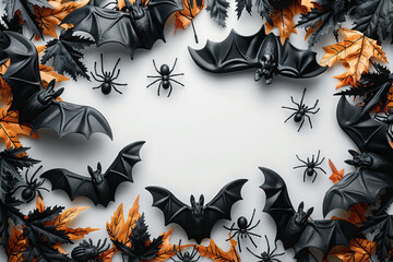 Wall Mural - Halloween flat lay with bats and spiders on white