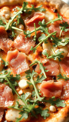 Canvas Print - Closeup of Delicious Pizza with Ham, Arugula, and Mozzarella