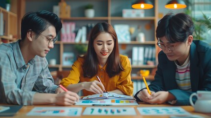 Poster - Group of asian business people working and brainstorming in workshop and analyzing marketing reports startup project infographics in the office Sales and business plans presentation id : Generative AI