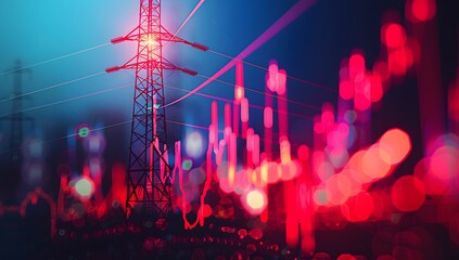 Wall Mural - A stock market graph with an electric tower in the background, indicating high energy pole depths and challenges for growth and support of electricity. 