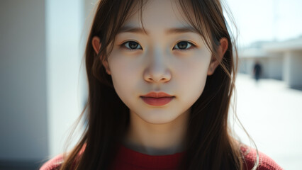 Canvas Print - Young girl with brown hair looking at the camera