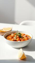 Wall Mural - Bowl of tomato soup with parsley and lemon wedges