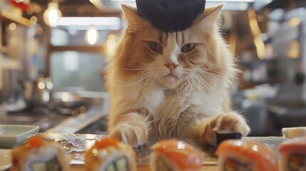 Cat Chef in a Sushi Restaurant.