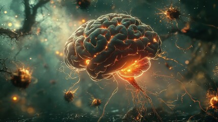 Poster - Neural pathways illuminate, showcasing the brain’s activity connected to thoughts and cognition in a moment of focus